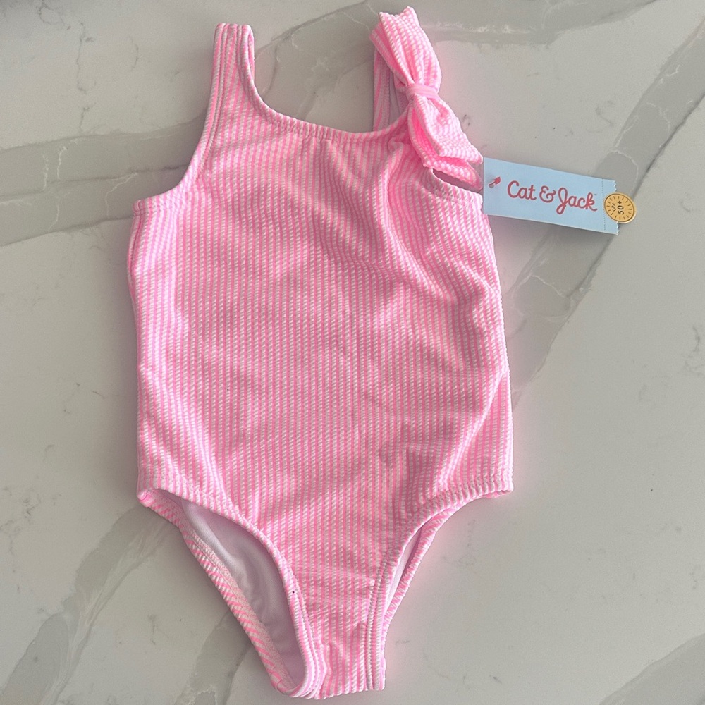 Cat & Jack Light Pink Ribbed One-Shoulder Bow Toddler Swimsuit